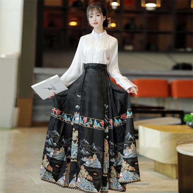 High Waist Mountain Print Maxi Ma Mian Skirt / Floral Shirt