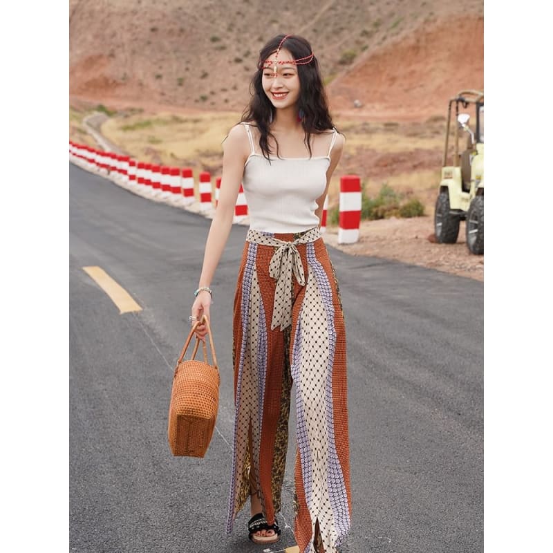 High Waist Patterned Print Slit Tie-Up Wide Leg Pants