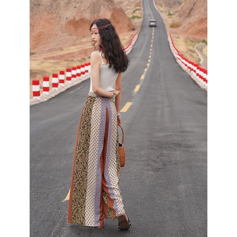 High Waist Patterned Print Slit Tie-Up Wide Leg Pants