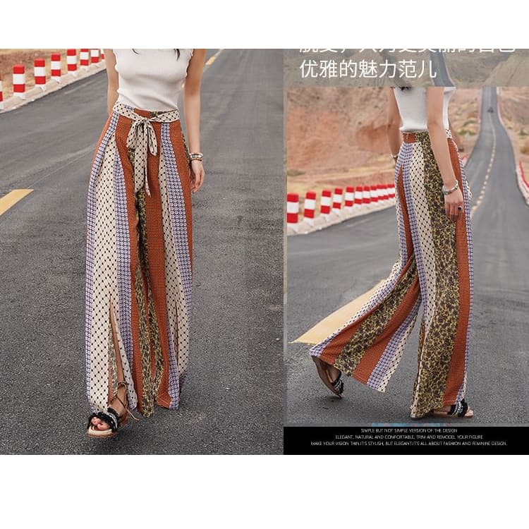 High Waist Patterned Print Slit Tie-Up Wide Leg Pants