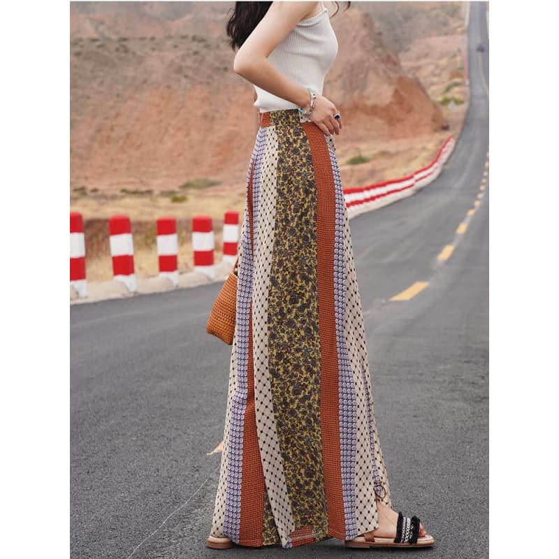 High Waist Patterned Print Slit Tie-Up Wide Leg Pants