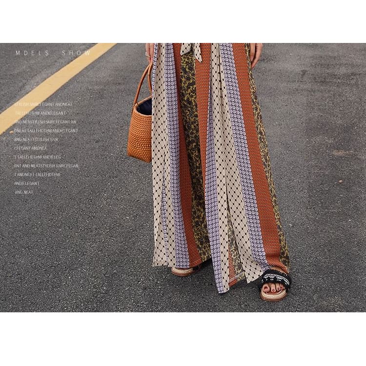 High Waist Patterned Print Slit Tie-Up Wide Leg Pants