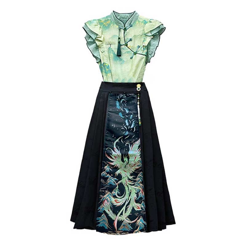 High Waist Phoenix Print Long Skirt Set - Set / S