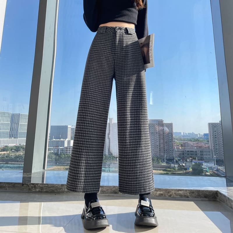 High Waist Plaid Cropped Wide Leg Slacks