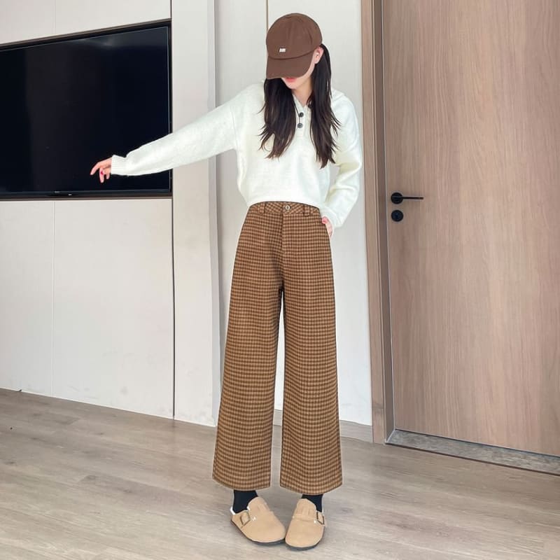 High Waist Plaid Cropped Wide Leg Slacks