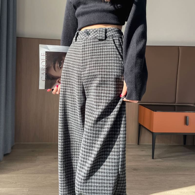 High Waist Plaid Cropped Wide Leg Slacks