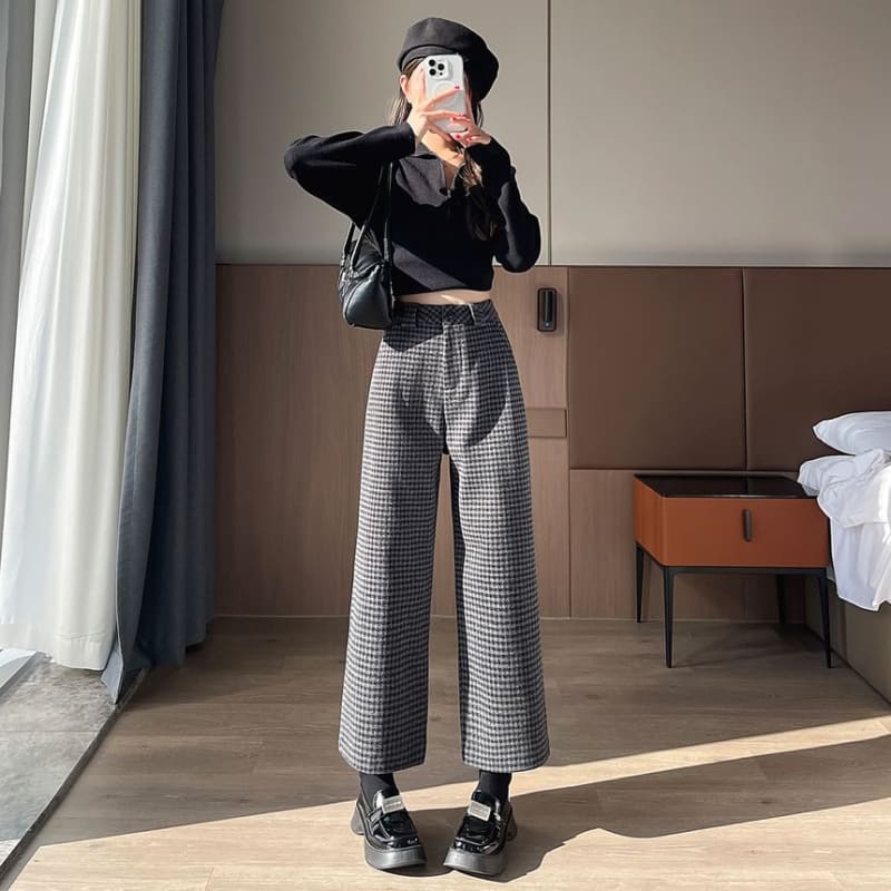 High Waist Plaid Cropped Wide Leg Slacks