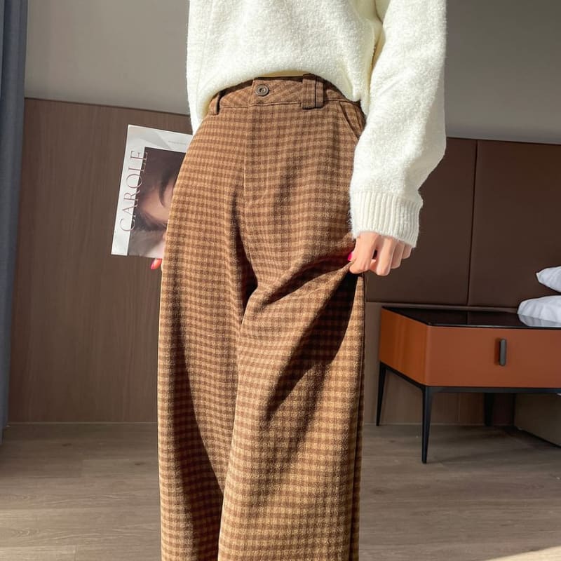 High Waist Plaid Cropped Wide Leg Slacks