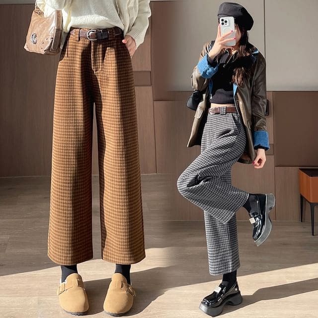 High Waist Plaid Cropped Wide Leg Slacks