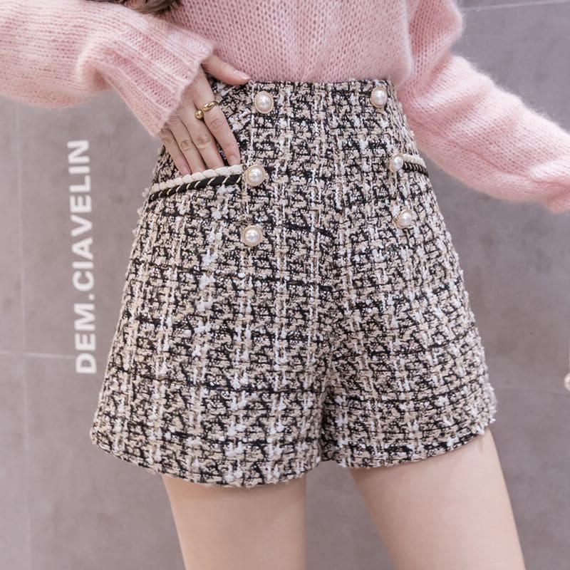 High Waist Plaid Faux Pearl Shorts