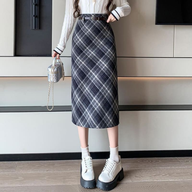 High Waist Plaid Midi A-Line Skirt