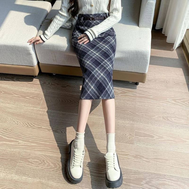 High Waist Plaid Midi A-Line Skirt