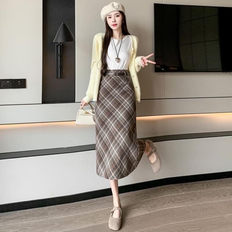 High Waist Plaid Midi A-Line Skirt