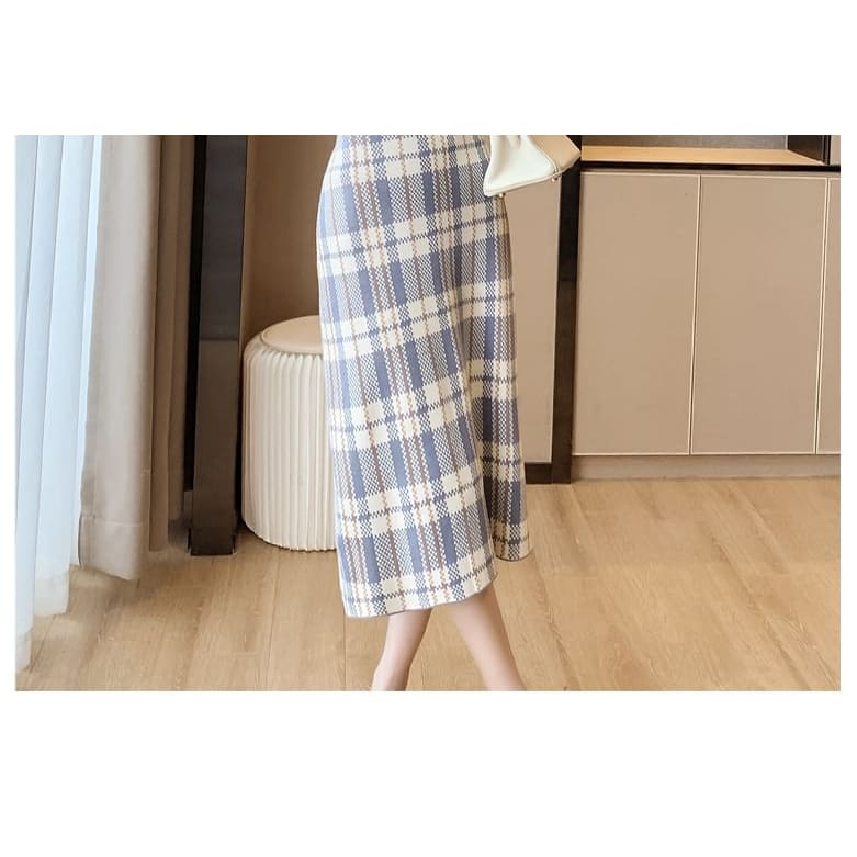 high Waist Plaid Midi Straight Skirt