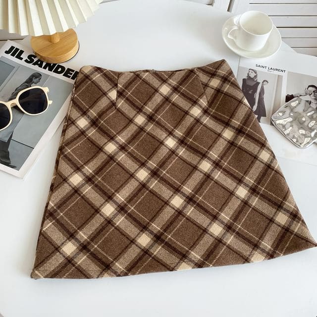 High Waist Plaid Mini A-Line Skirt - Plaid - Khaki / S