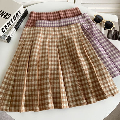 High Waist Plaid Pleated Mini A-Line Knit Skirt