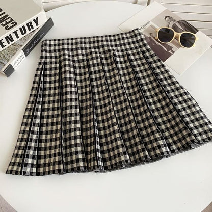 High Waist Plaid Pleated Mini A-Line Knit Skirt - Plaid