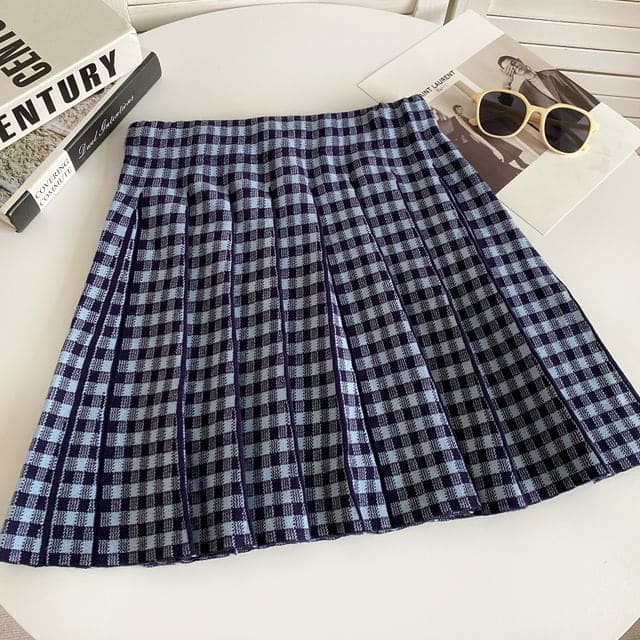 High Waist Plaid Pleated Mini A-Line Knit Skirt - Plaid