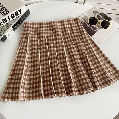 High Waist Plaid Pleated Mini A-Line Knit Skirt - Plaid