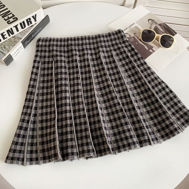 High Waist Plaid Pleated Mini A-Line Knit Skirt - Plaid