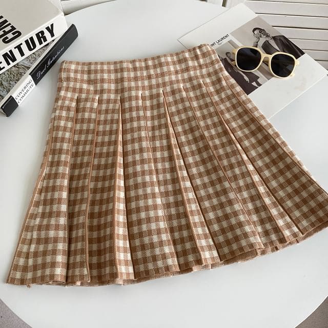 High Waist Plaid Pleated Mini A-Line Knit Skirt - Plaid