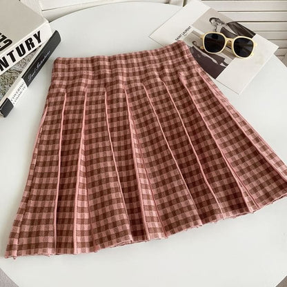 High Waist Plaid Pleated Mini A-Line Knit Skirt - Plaid