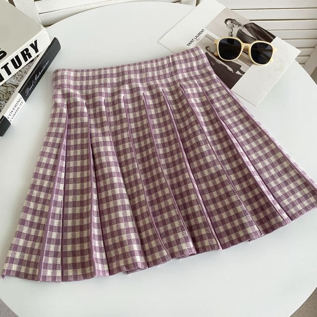 High Waist Plaid Pleated Mini A-Line Knit Skirt - Plaid