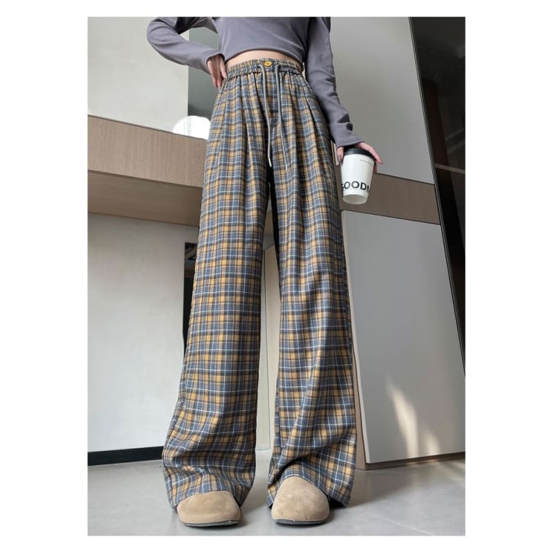 High Waist Plaid Wide Leg Pants (Various Designs)