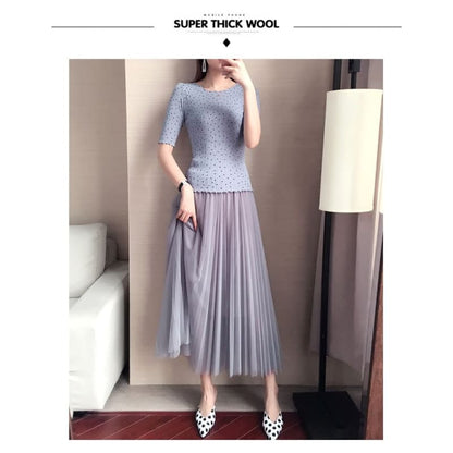 High Waist Plain Accordion Pleated Mesh Maxi