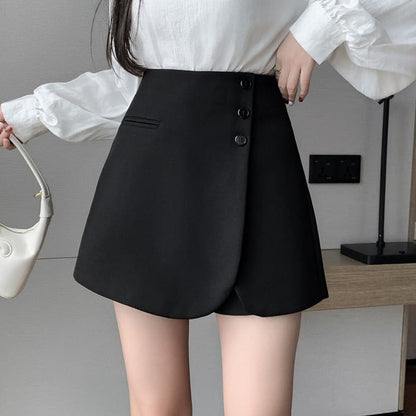 High Waist Plain Asymmetrical Button Front Skort - Pants