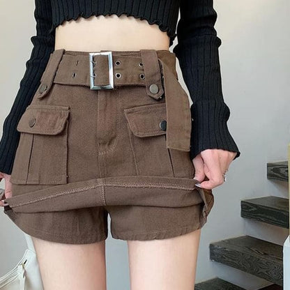 High Waist Plain Belted Mini Denim Cargo Skort