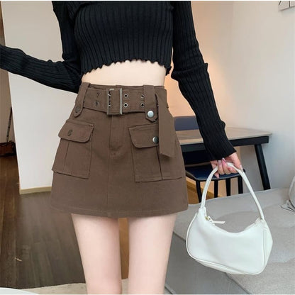 High Waist Plain Belted Mini Denim Cargo Skort