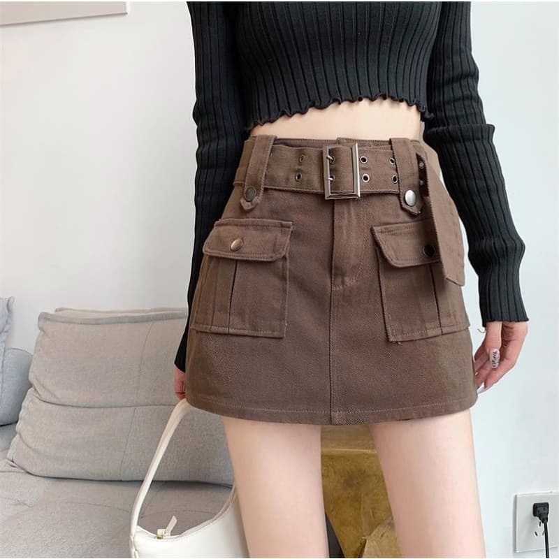 High Waist Plain Belted Mini Denim Cargo Skort