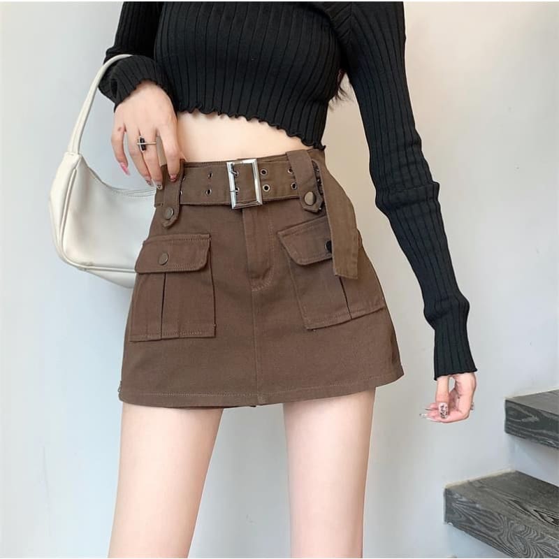 High Waist Plain Belted Mini Denim Cargo Skort