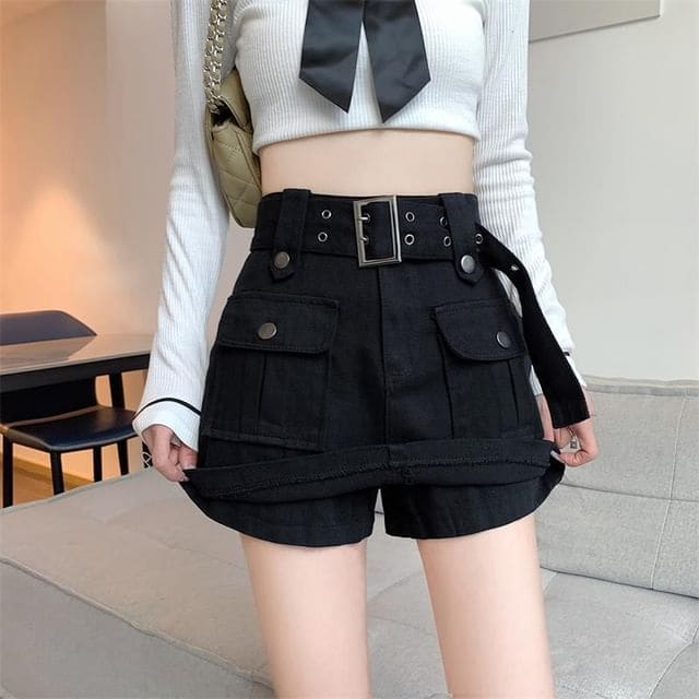 High Waist Plain Belted Mini Denim Cargo Skort - Black / S