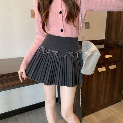 High Waist Plain Bow Pleated Mini A-Line Skirt