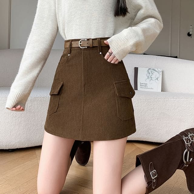 High Waist Plain Corduroy Mini A-Line Skirt