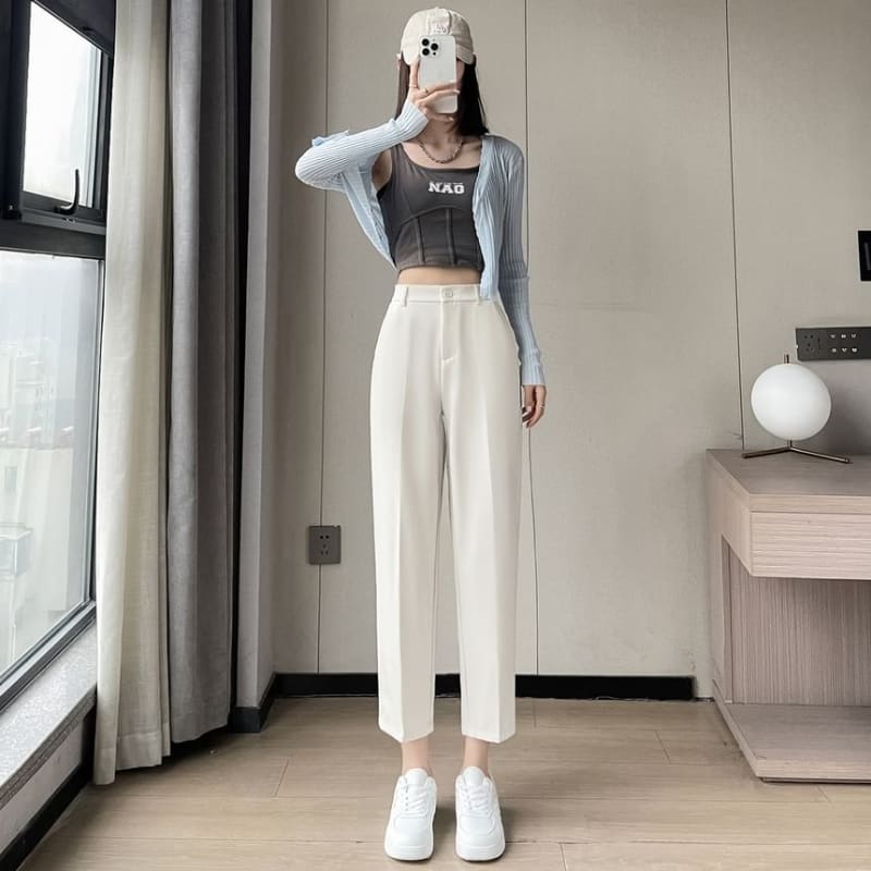 High Waist Plain Cropped Tapered Suit Pants