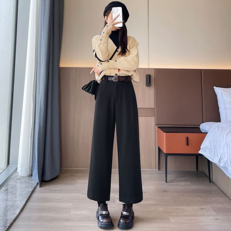 High Waist Plain Cropped Wide Leg Pants