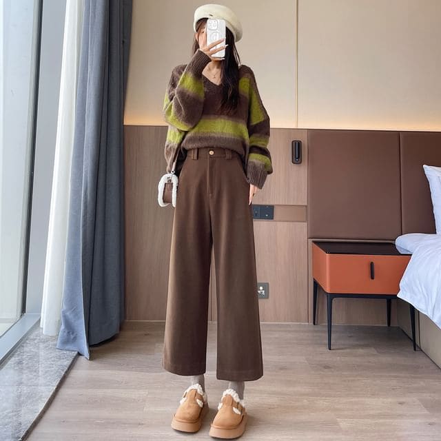 High Waist Plain Cropped Wide Leg Pants - Coffee / XS