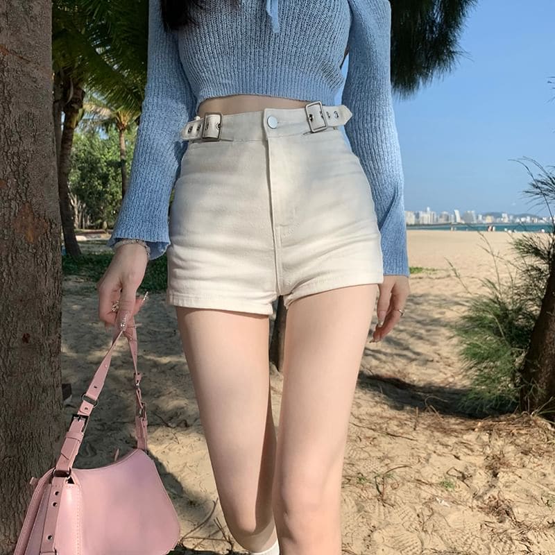 High Waist Plain Denim Shorts