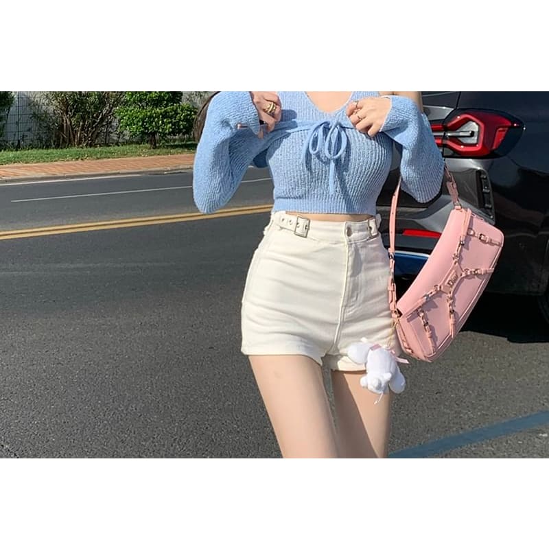 High Waist Plain Denim Shorts