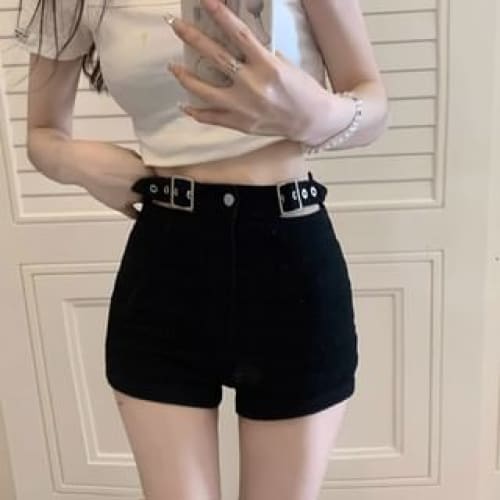 High Waist Plain Denim Shorts - Black / S