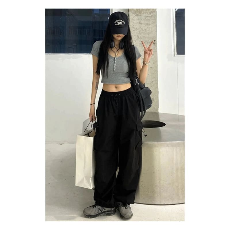 High Waist Plain Drawstring Cargo Baggy Pants