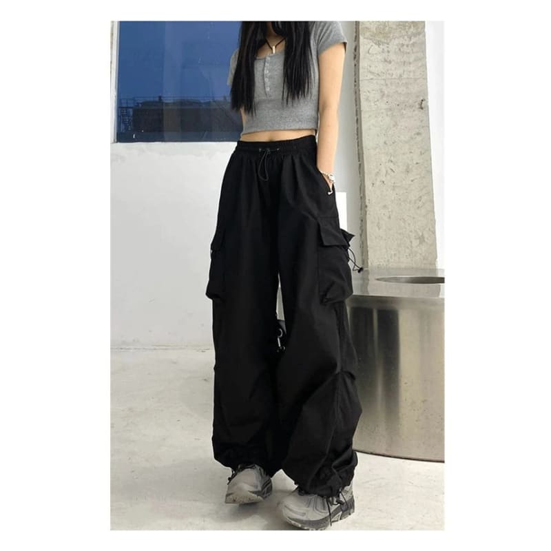 High Waist Plain Drawstring Cargo Baggy Pants