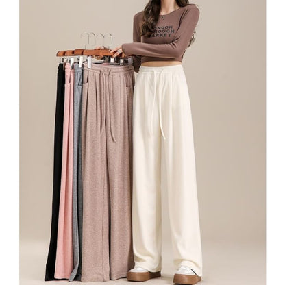 High Waist Plain Drawstring Drape Wide Leg Sweatpants