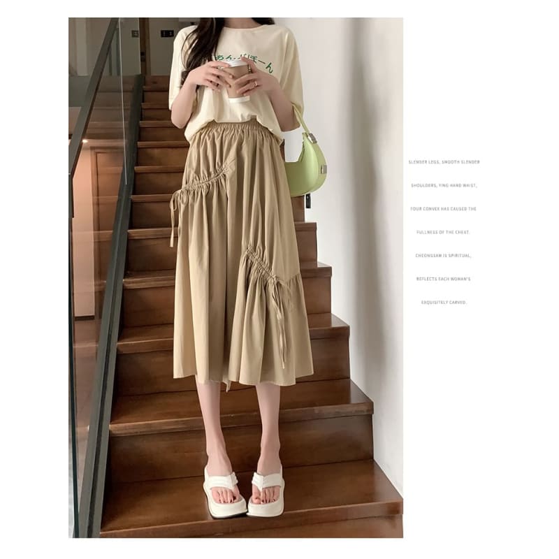 High Waist Plain Drawstring Midi A-Line Skirt