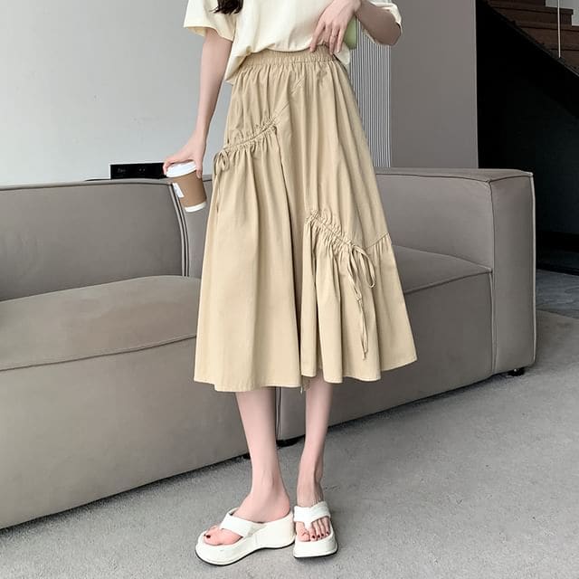 High Waist Plain Drawstring Midi A-Line Skirt - Khaki / S