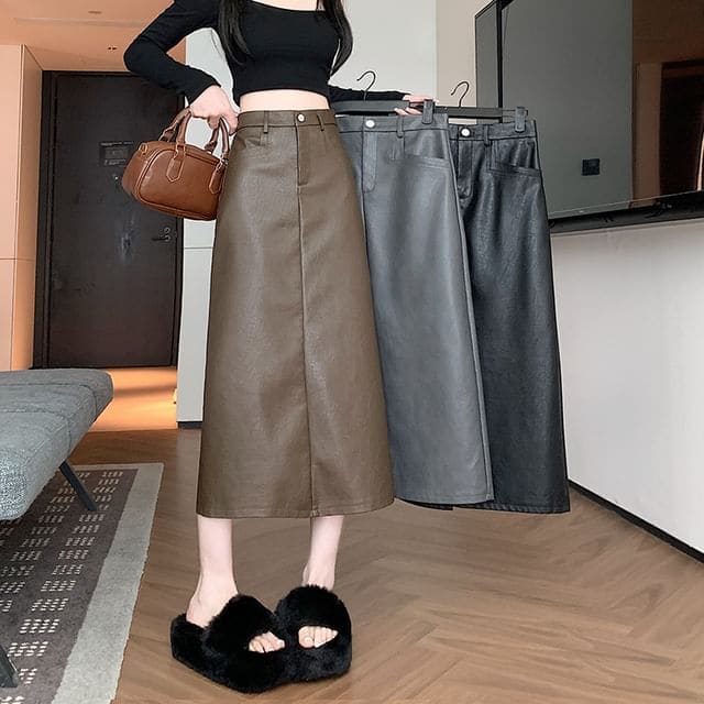 High Waist Plain Faux Leather Midi A-Line Skirt