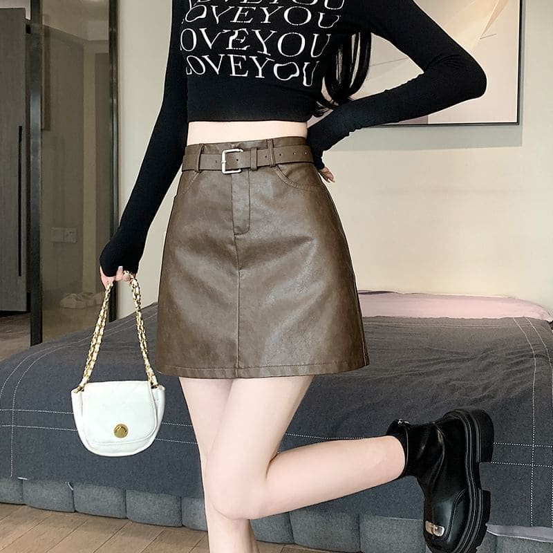 High Waist Plain Faux Leather Mini A-Line Skirt